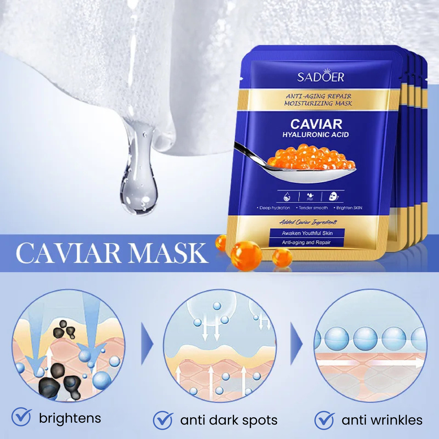 SADOER - Mascarilla de Caviar y Ácido Hialurónico 5/10 piezas